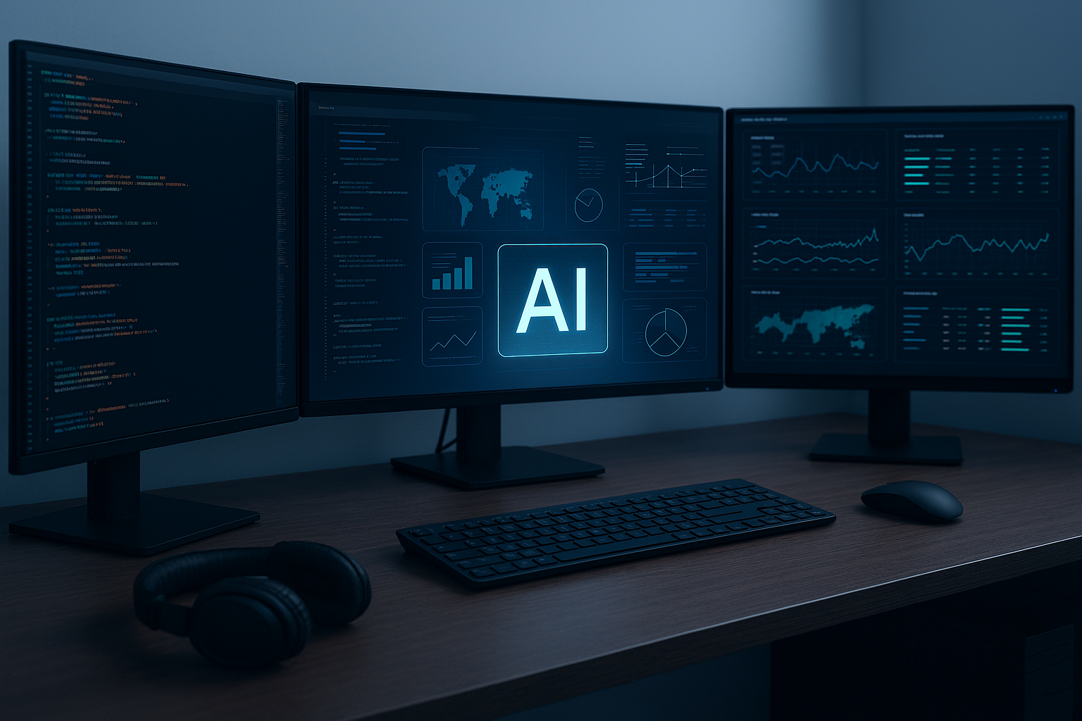 Professional AI development workspace with multiple monitors showing code and analytics dashboards